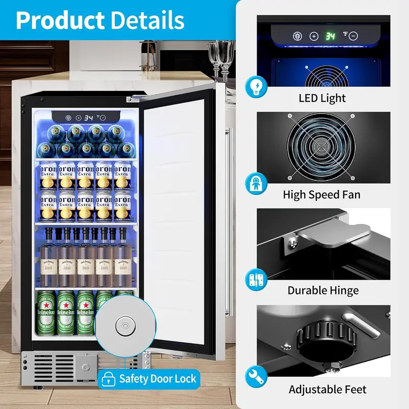 Beverage Refrigerator Cooler – 3.2 Cu. Ft. Glass-Door Mini Fridge, Holds 126 Cans, 4 Adjustable Shelves, Sleek Silver Finish