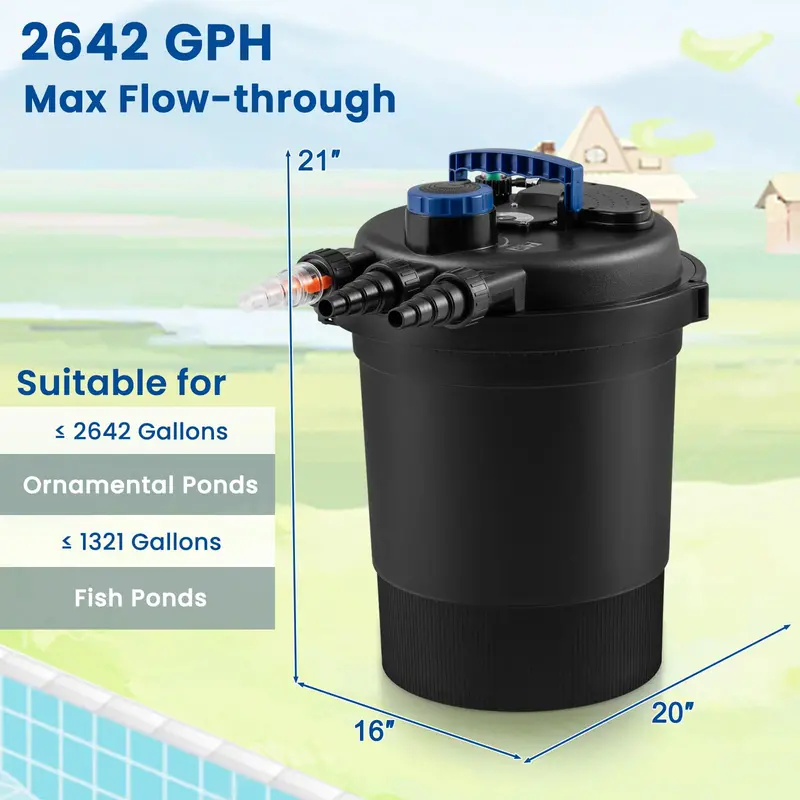 Bio-Mechanical Pond Filter System – 13W UV-C Sterilizer + Bio-Balls, 2642 GPH Flow Rate