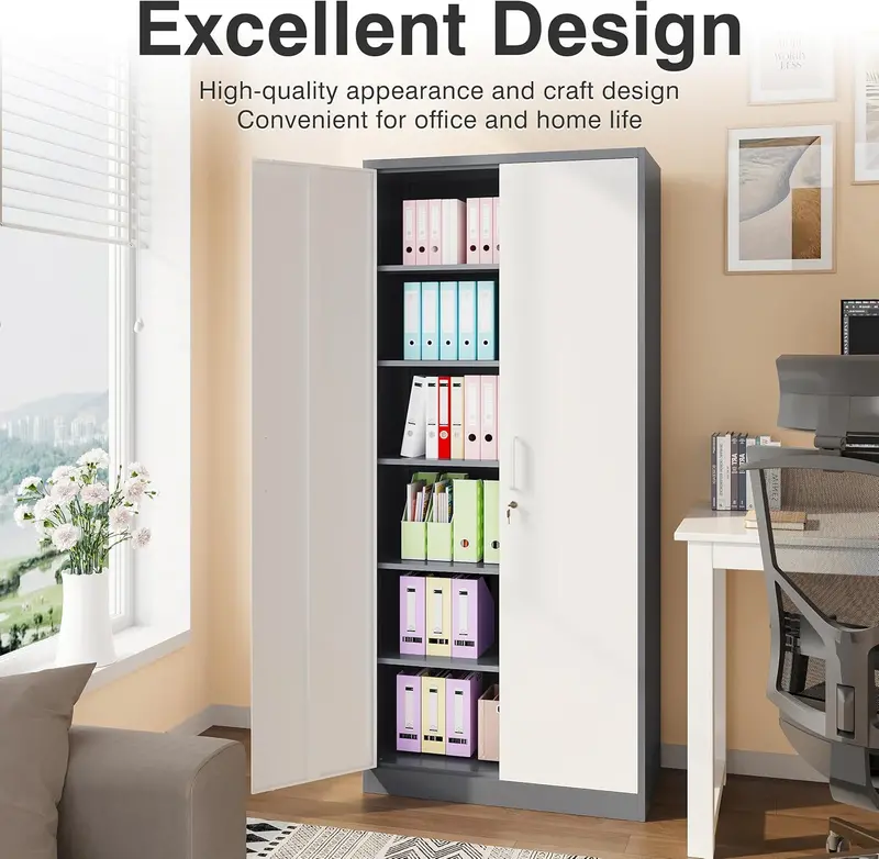 Black Lockable Metal Storage Cabinet with 2 Doors and 6 Adjustable Shelves – 71-Inch Heavy-Duty Garage Organizer