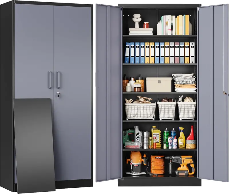 Black Lockable Metal Storage Cabinet with 2 Doors and 6 Adjustable Shelves – 71-Inch Heavy-Duty Garage Organizer