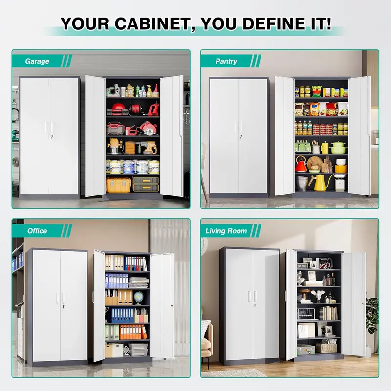 Black Lockable Metal Storage Cabinet with 2 Doors and 6 Adjustable Shelves – 71-Inch Heavy-Duty Garage Organizer