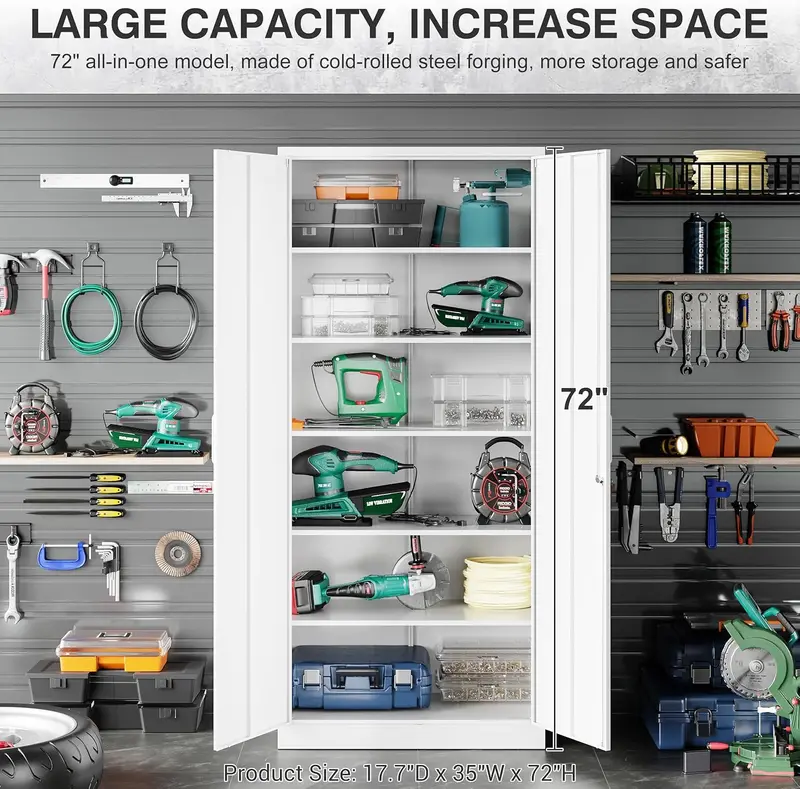 Black Lockable Metal Storage Cabinet with 2 Doors and 6 Adjustable Shelves – 71-Inch Heavy-Duty Garage Organizer