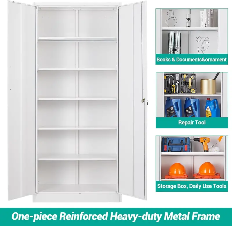 Black Lockable Metal Storage Cabinet with 2 Doors and 6 Adjustable Shelves – 71-Inch Heavy-Duty Garage Organizer