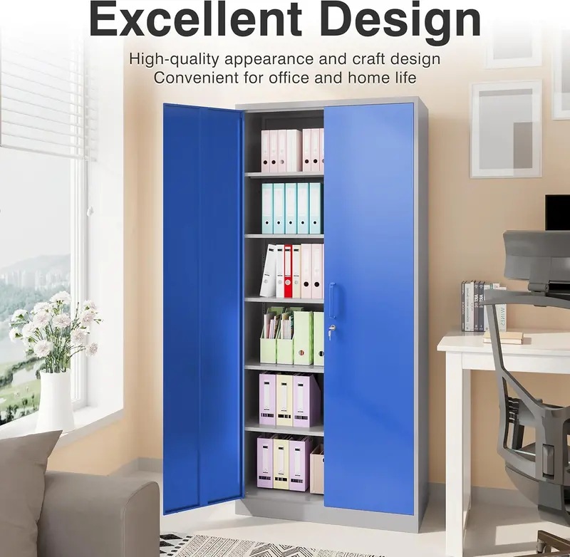 Black Lockable Metal Storage Cabinet with 2 Doors and 6 Adjustable Shelves – 71-Inch Heavy-Duty Garage Organizer