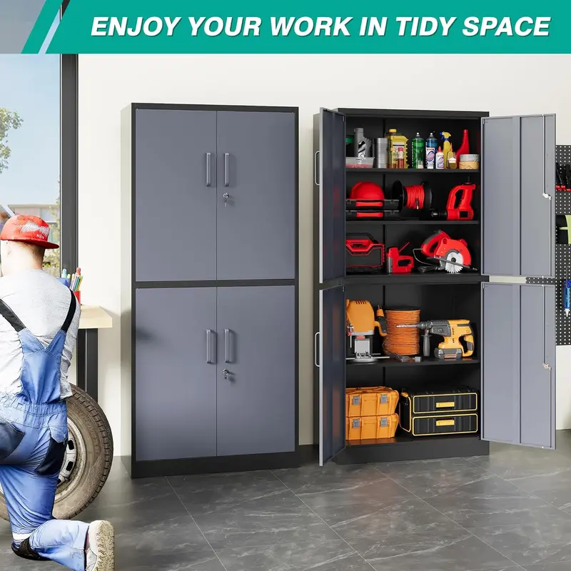 Black Lockable Metal Storage Cabinet with 2 Doors and 6 Adjustable Shelves – 71-Inch Heavy-Duty Garage Organizer
