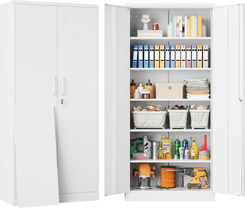 Black Lockable Metal Storage Cabinet with 2 Doors and 6 Adjustable Shelves – 71-Inch Heavy-Duty Garage Organizer