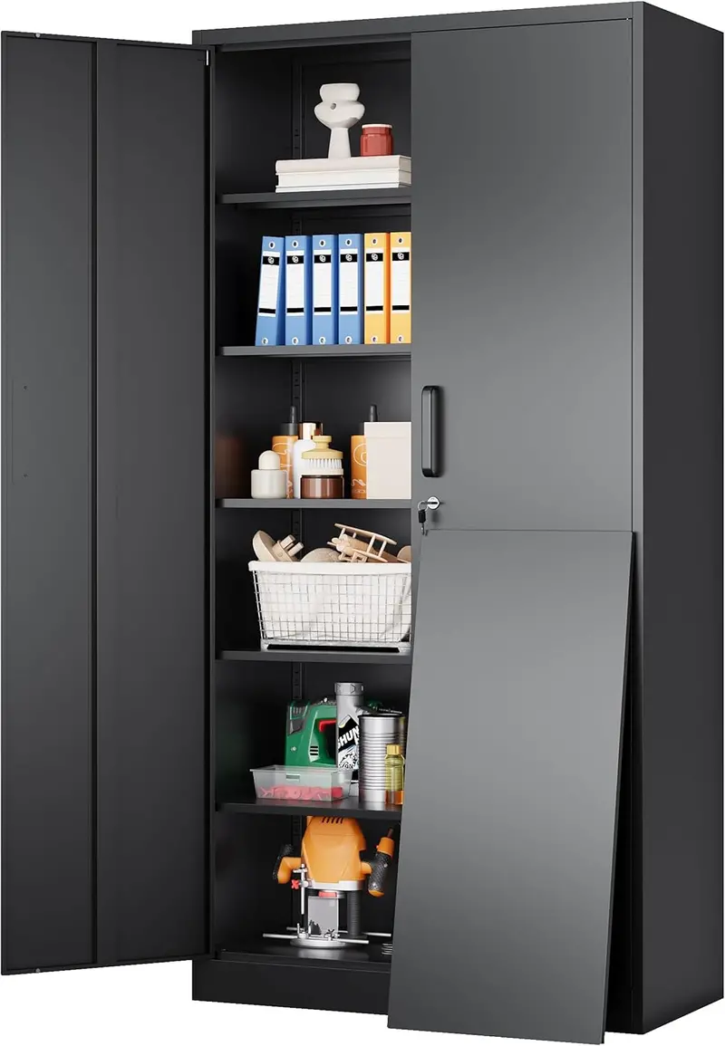Black Lockable Metal Storage Cabinet with 2 Doors and 6 Adjustable Shelves – 71-Inch Heavy-Duty Garage Organizer