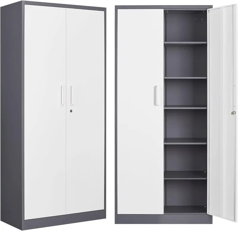 Black Lockable Metal Storage Cabinet with 2 Doors and 6 Adjustable Shelves – 71-Inch Heavy-Duty Garage Organizer