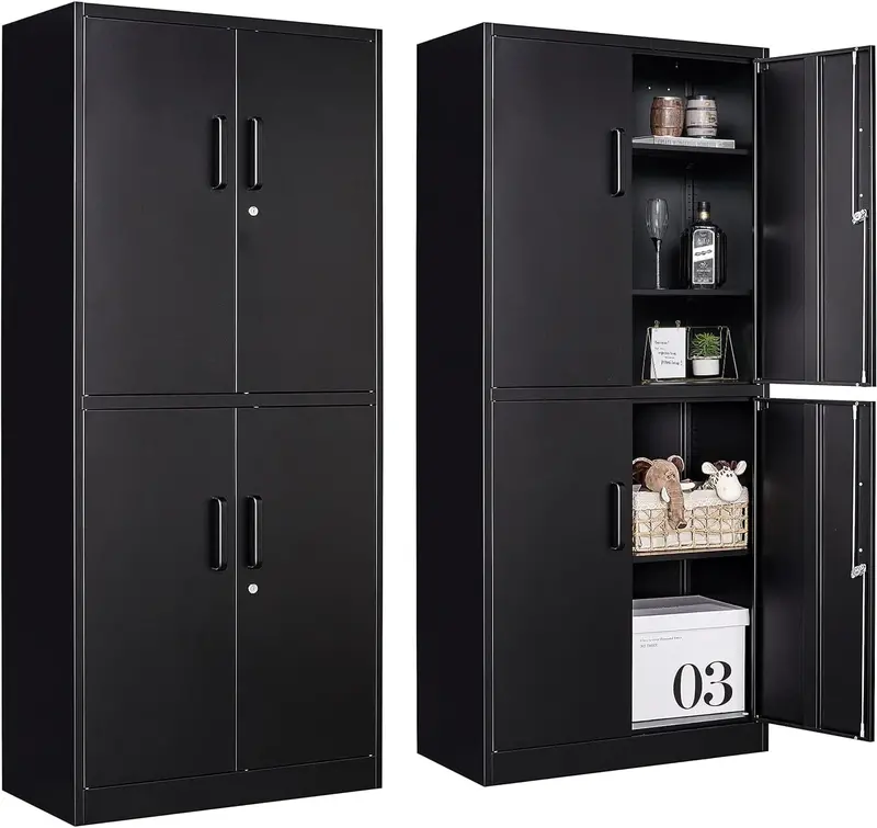 Black Lockable Metal Storage Cabinet with 2 Doors and 6 Adjustable Shelves – 71-Inch Heavy-Duty Garage Organizer