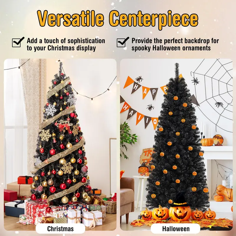 Black Pencil-Style Artificial Christmas Tree – Slim Pre-Lit Holiday Tree Suitable for Halloween Decor 2