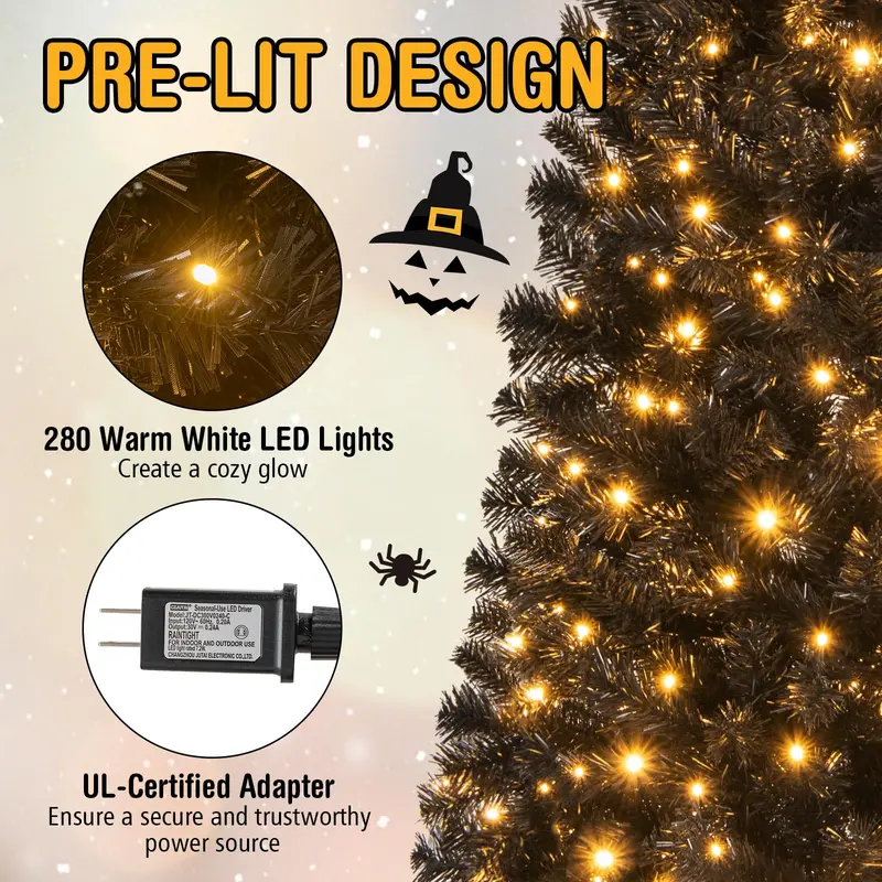 Black Pencil-Style Artificial Christmas Tree – Slim Pre-Lit Holiday Tree Suitable for Halloween Decor