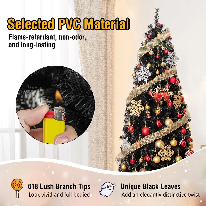 Black Pencil-Style Artificial Christmas Tree – Slim Pre-Lit Holiday Tree Suitable for Halloween Decor