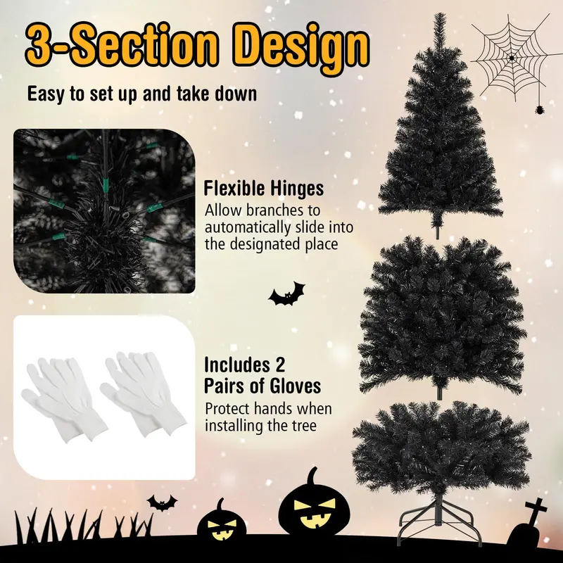 Black Pencil-Style Artificial Christmas Tree – Slim Pre-Lit Holiday Tree Suitable for Halloween Decor