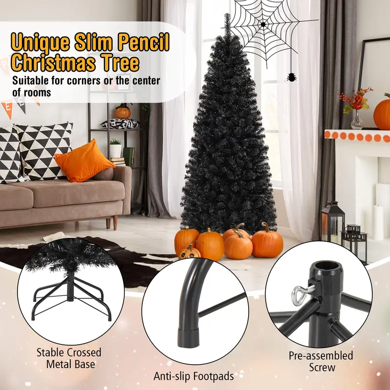 Black Pencil-Style Artificial Christmas Tree – Slim Pre-Lit Holiday Tree Suitable for Halloween Decor