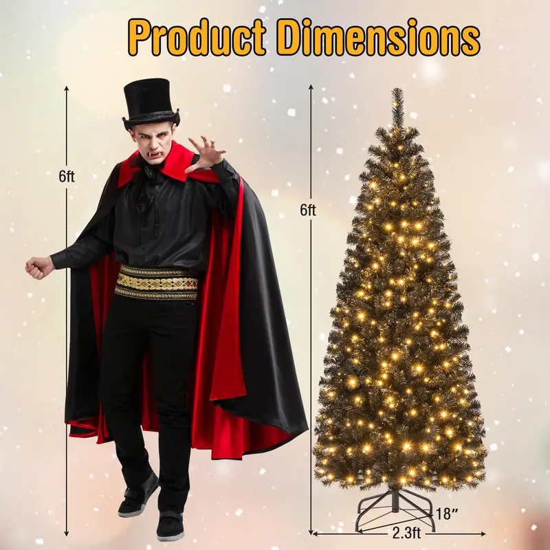 Black Pencil-Style Artificial Christmas Tree – Slim Pre-Lit Holiday Tree Suitable for Halloween Decor