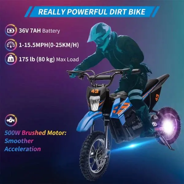 Blue 36V Electric Dirt Bike for Kids – High-Torque 350W Drive, LED Display & Safety Brakes