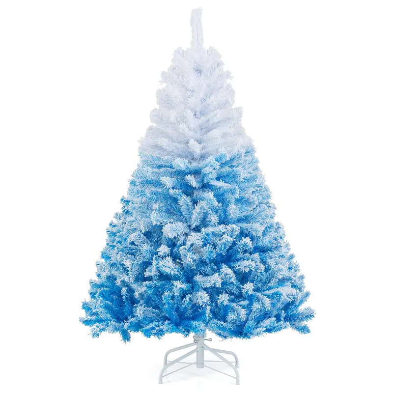 Blue-and-White Snow-Flocked Christmas Tree with Dense Branch Tips and Collapsible Metal Stand