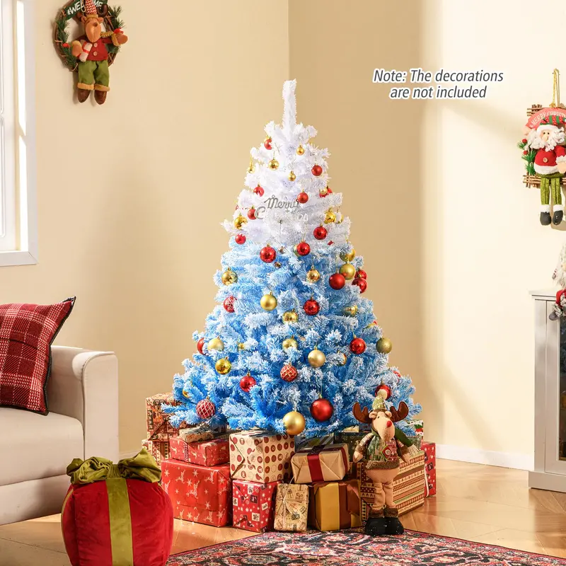 Blue-and-White Snow-Flocked Christmas Tree with Dense Branch Tips and Collapsible Metal Stand 2