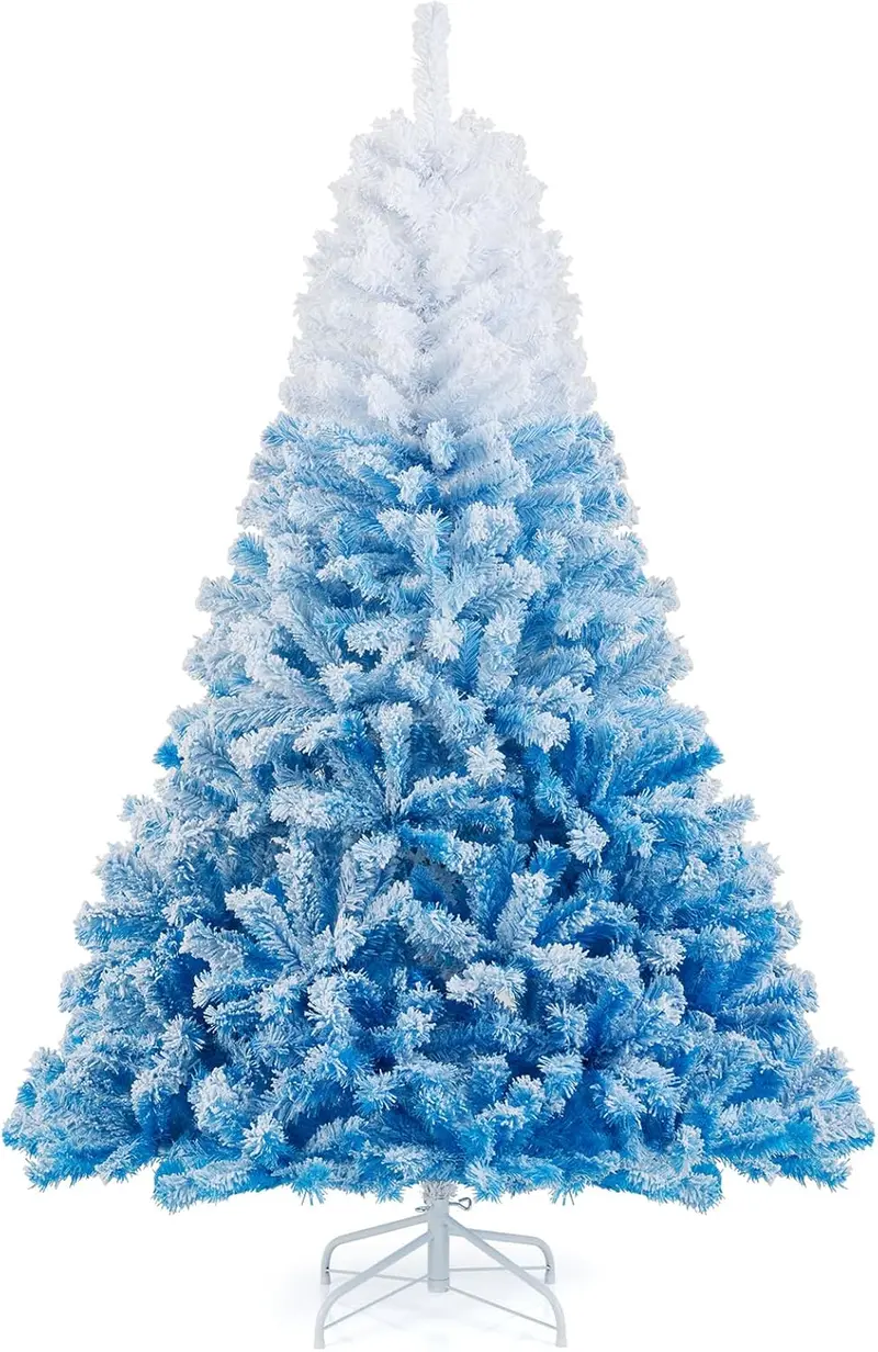 Blue-and-White Snow-Flocked Christmas Tree with Dense Branch Tips and Collapsible Metal Stand