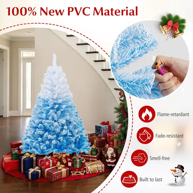 Blue-and-White Snow-Flocked Christmas Tree with Dense Branch Tips and Collapsible Metal Stand