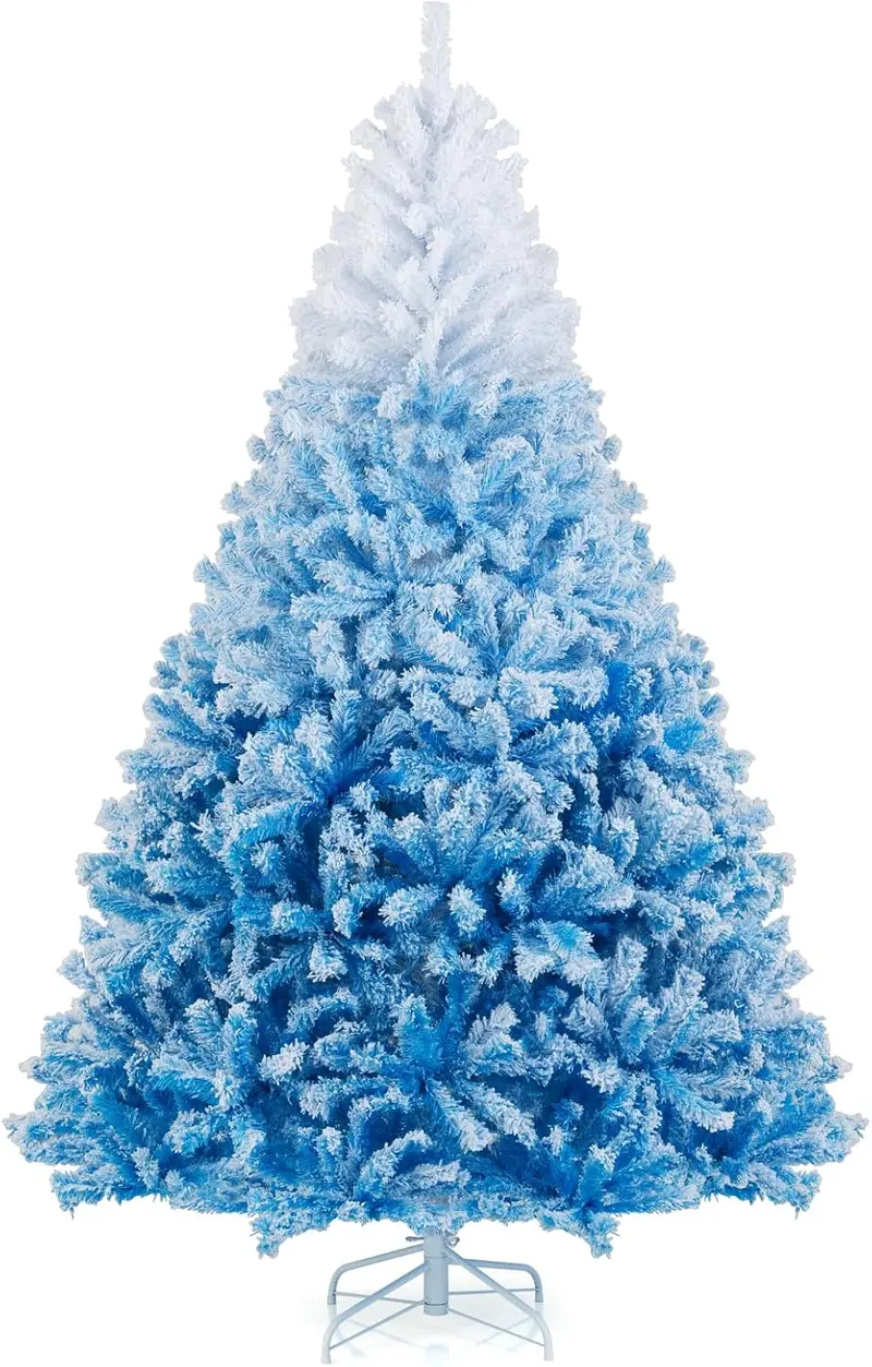 Blue-and-White Snow-Flocked Christmas Tree with Dense Branch Tips and Collapsible Metal Stand