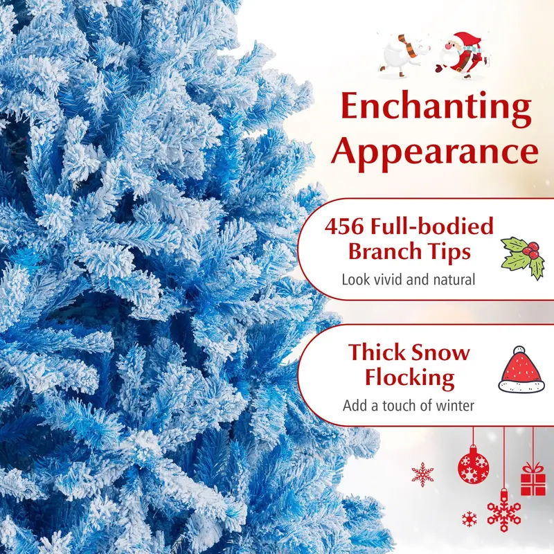 Blue-and-White Snow-Flocked Christmas Tree with Dense Branch Tips and Collapsible Metal Stand