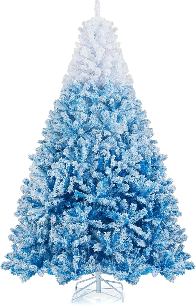 Blue-and-White Snow-Flocked Christmas Tree with Dense Branch Tips and Collapsible Metal Stand
