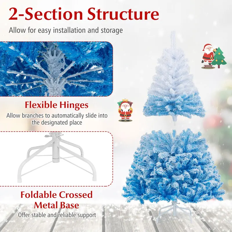 Blue-and-White Snow-Flocked Christmas Tree with Dense Branch Tips and Collapsible Metal Stand