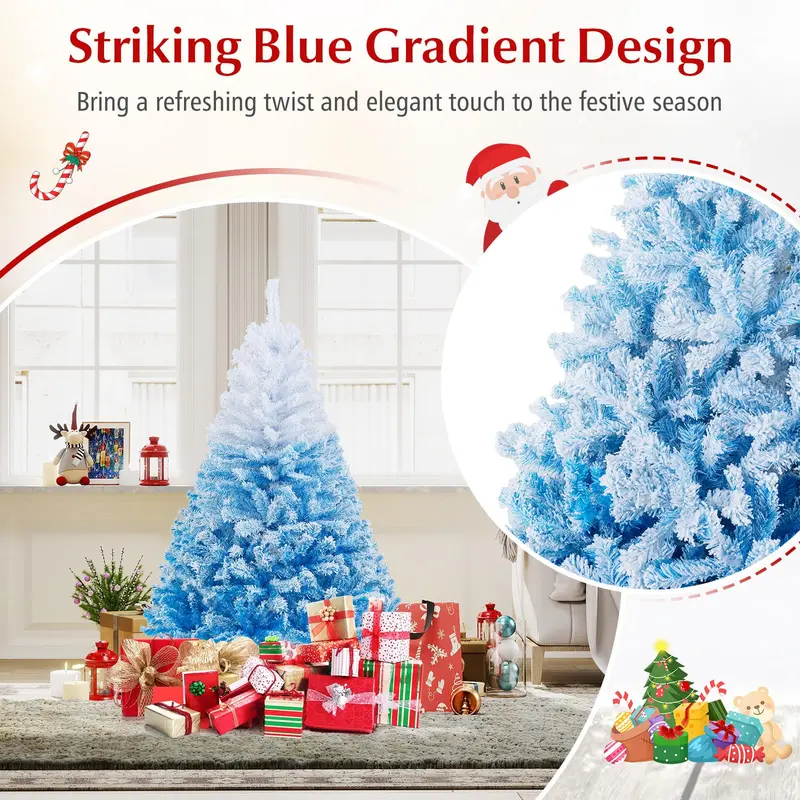 Blue-and-White Snow-Flocked Christmas Tree with Dense Branch Tips and Collapsible Metal Stand