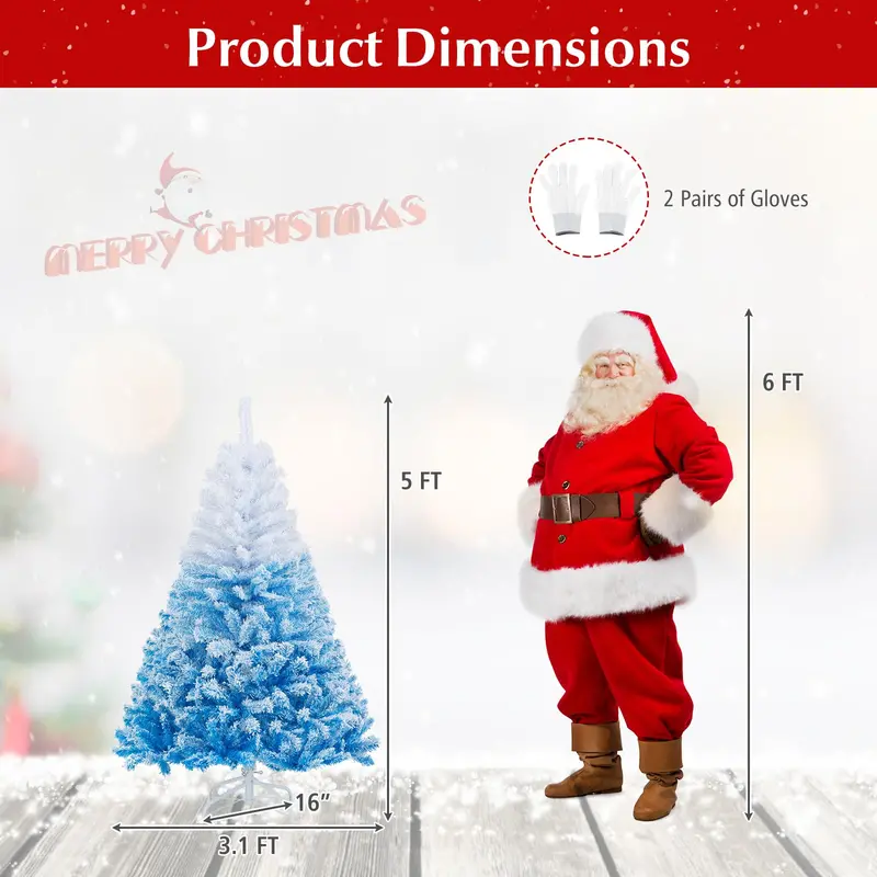 Blue-and-White Snow-Flocked Christmas Tree with Dense Branch Tips and Collapsible Metal Stand