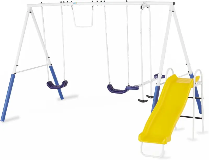 Blue Ridge Metal Backyard Playground Set – A-Frame Swing Structure with Glider, Trapeze, Two Swings & Full-Size Slide