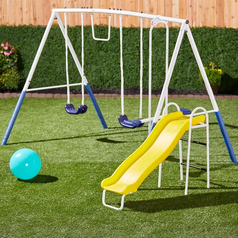 Blue Ridge Metal Backyard Playground Set – A-Frame Swing Structure with Glider, Trapeze, Two Swings & Full-Size Slide 2