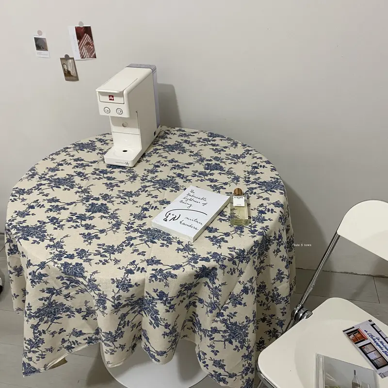 Blue Rose Floral Cotton-Linen Tablecloth, Vintage Picnic & Dining Essential