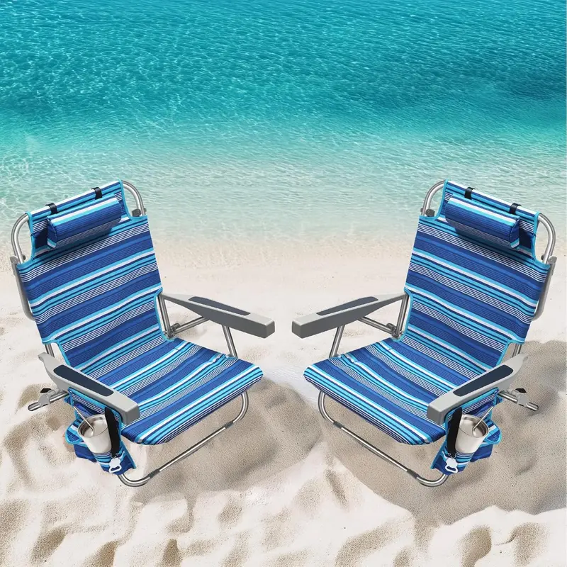 Blue Stripe Aluminum Tall Beach Chairs (2-Pack) – 5-Position Lay-Flat Design with Cooler Pouch, Towel Bar, and Phone Holder