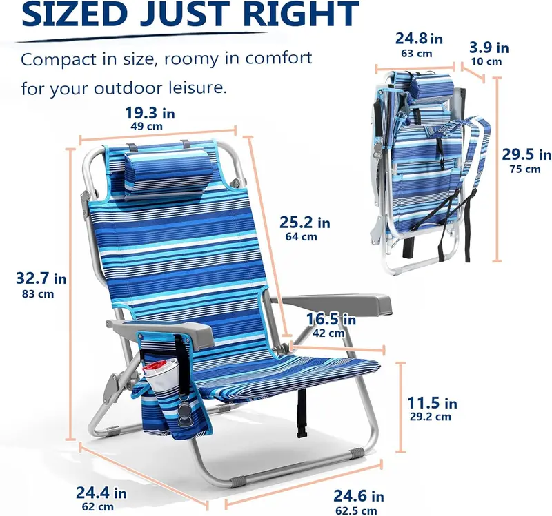 Blue Stripe Aluminum Tall Beach Chairs (2-Pack) – 5-Position Lay-Flat Design with Cooler Pouch, Towel Bar, and Phone Holder