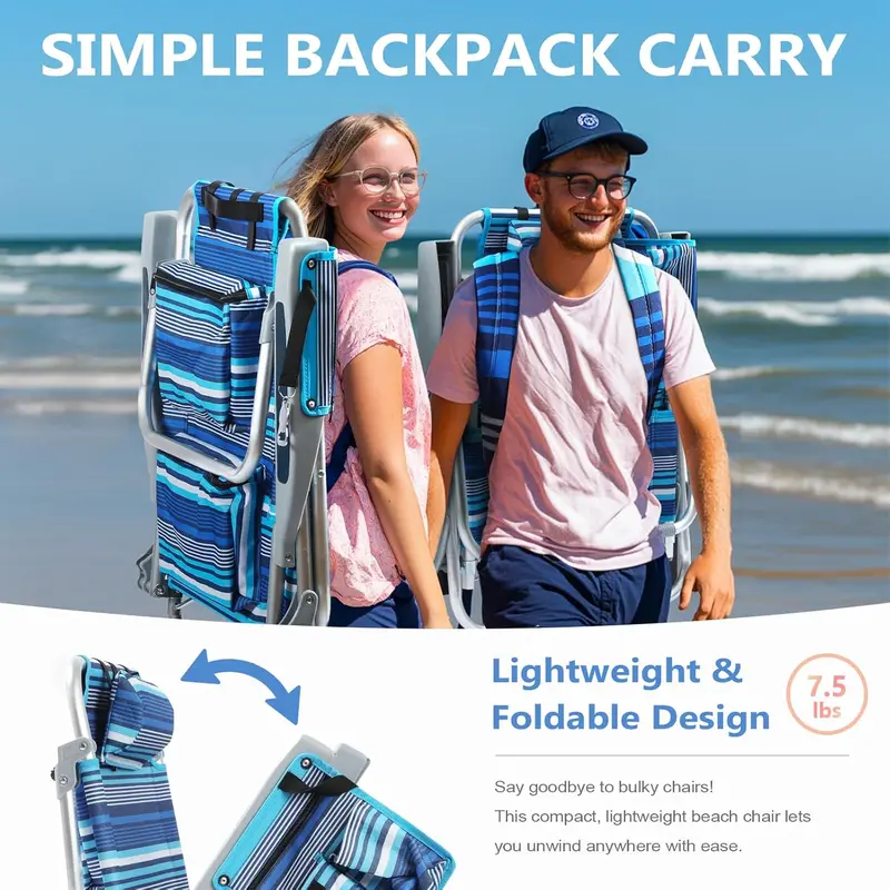 Blue Stripe Aluminum Tall Beach Chairs (2-Pack) – 5-Position Lay-Flat Design with Cooler Pouch, Towel Bar, and Phone Holder
