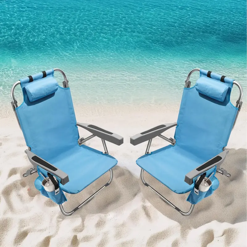 Blue Stripe Aluminum Tall Beach Chairs (2-Pack) – 5-Position Lay-Flat Design with Cooler Pouch, Towel Bar, and Phone Holder