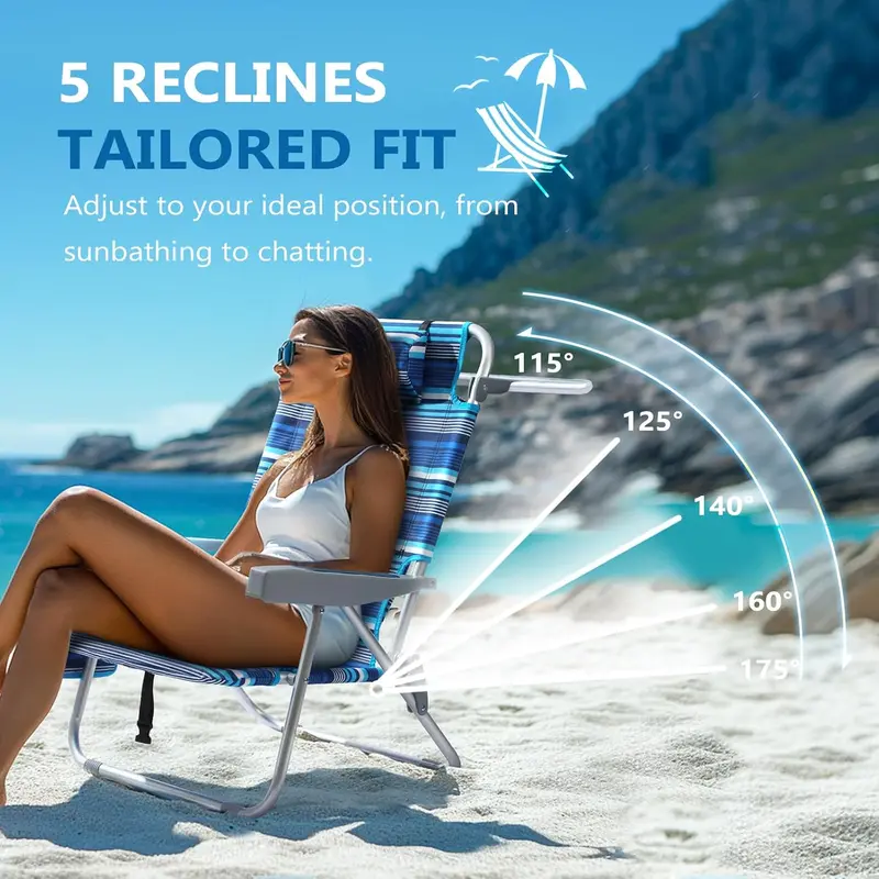 Blue Stripe Aluminum Tall Beach Chairs (2-Pack) – 5-Position Lay-Flat Design with Cooler Pouch, Towel Bar, and Phone Holder