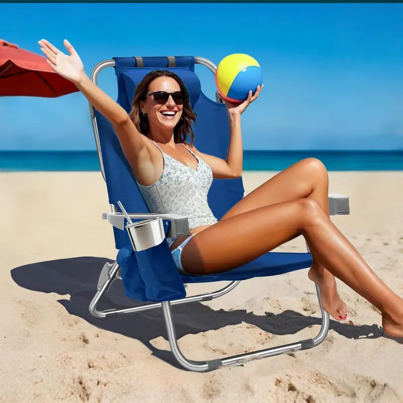 Blue Stripe Aluminum Tall Beach Chairs (2-Pack) – 5-Position Lay-Flat Design with Cooler Pouch, Towel Bar, and Phone Holder