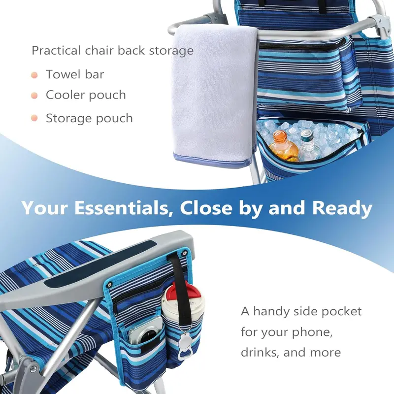 Blue Stripe Aluminum Tall Beach Chairs (2-Pack) – 5-Position Lay-Flat Design with Cooler Pouch, Towel Bar, and Phone Holder