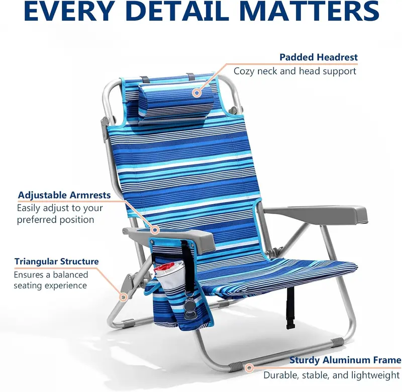 Blue Stripe Aluminum Tall Beach Chairs (2-Pack) – 5-Position Lay-Flat Design with Cooler Pouch, Towel Bar, and Phone Holder