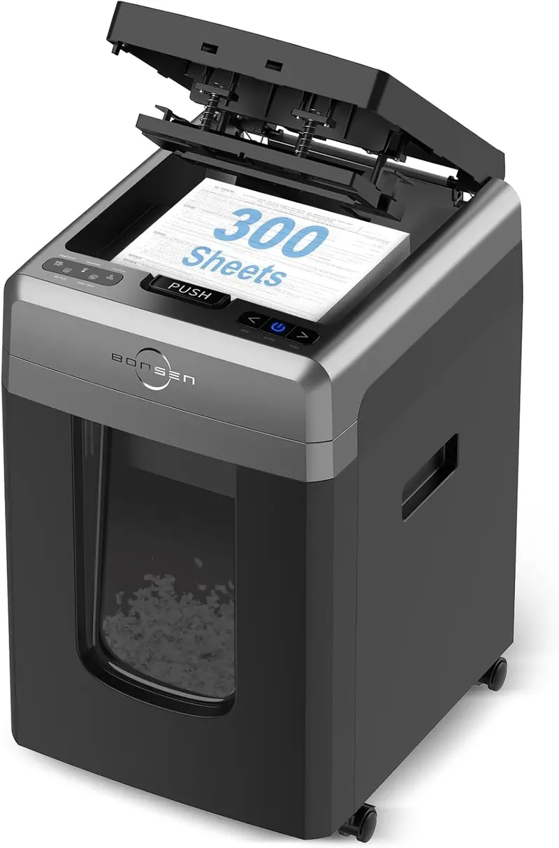 BONSEN Auto-Feed Paper Shredder – 300-Sheet Capacity, P-4 Security, Quiet Operation & 8.1-Gallon Bin