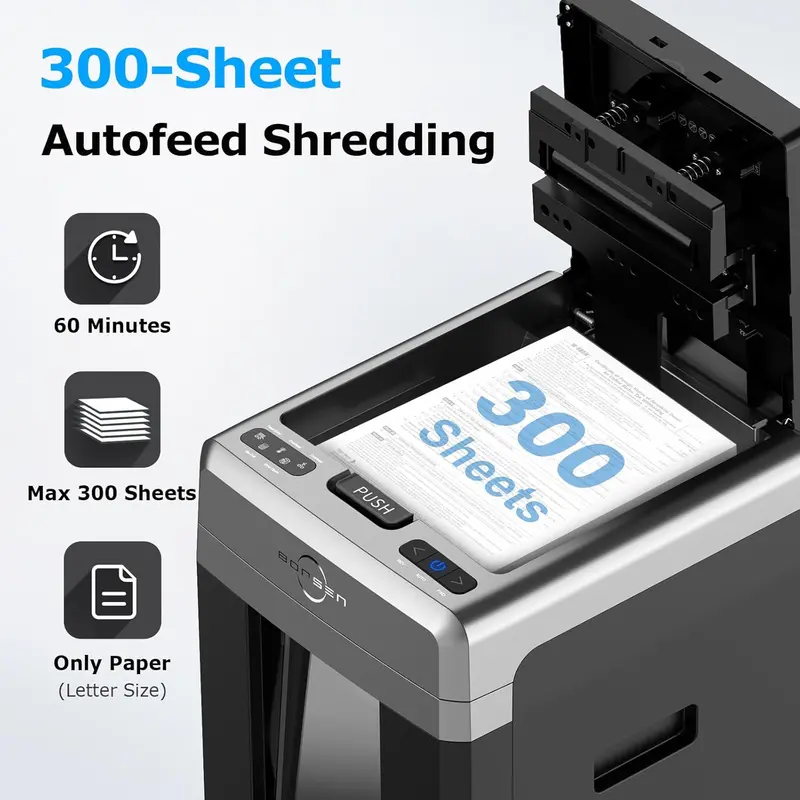 BONSEN Auto-Feed Paper Shredder – 300-Sheet Capacity, P-4 Security, Quiet Operation & 8.1-Gallon Bin