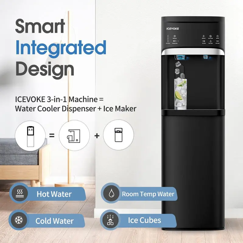 Bottom-Load Self-Cleaning Water Dispenser with Built-in Ice Maker (Black)