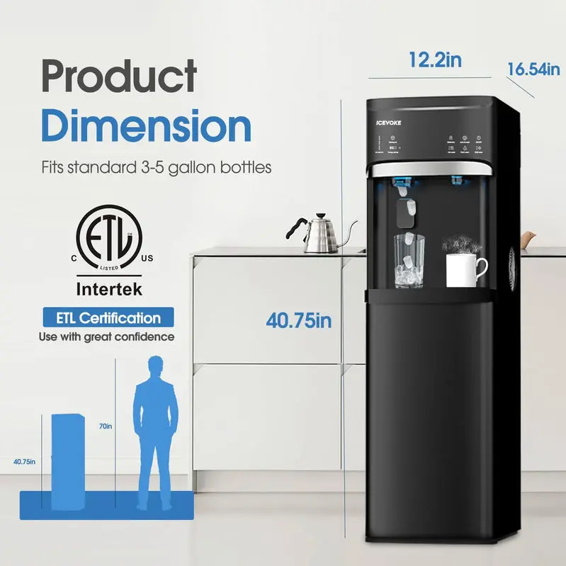 Bottom-Load Self-Cleaning Water Dispenser with Built-in Ice Maker (Black)