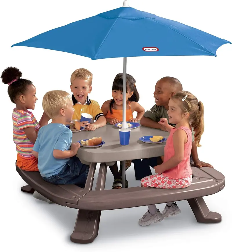 Brown Wooden Picnic Table with Integrated Market Umbrella – All-in-One Outdoor Dining Set