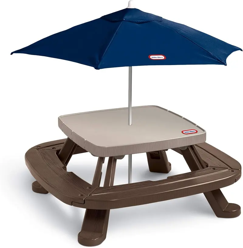 Brown Wooden Picnic Table with Integrated Market Umbrella – All-in-One Outdoor Dining Set 2