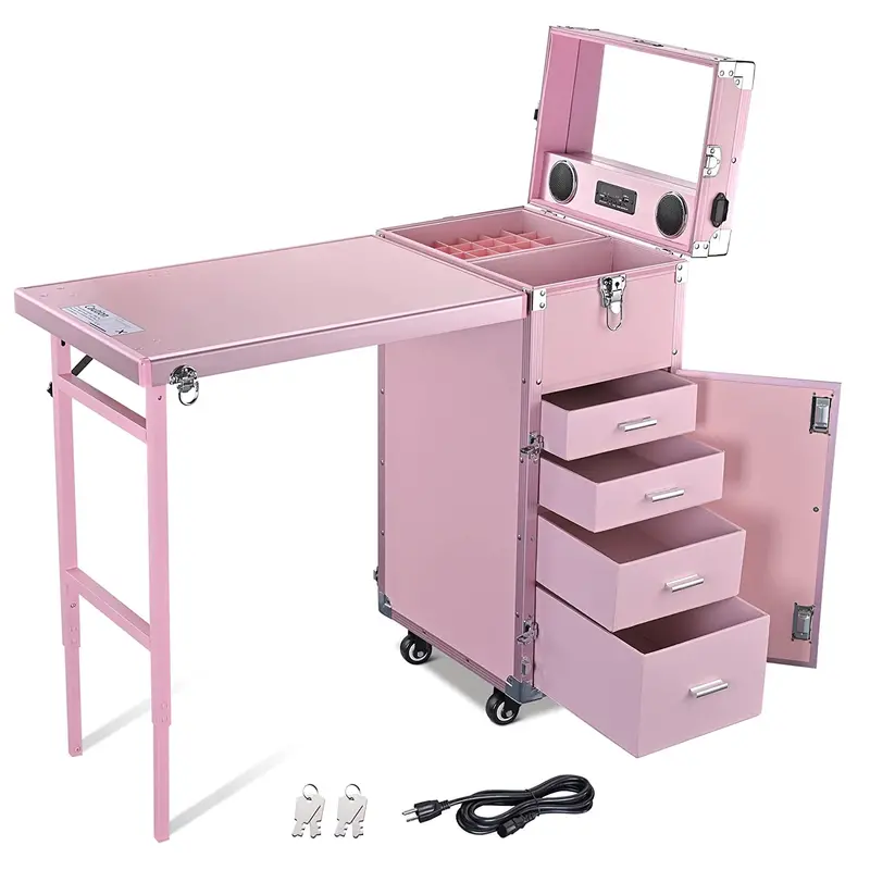 Byootique Portable Pink Nail & Makeup Station — Foldable Desk with Lighted Mirror, 4 Storage Drawers, Bluetooth Speaker, and USB Charging Port