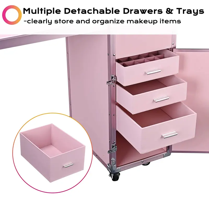 Byootique Portable Pink Nail & Makeup Station — Foldable Desk with Lighted Mirror, 4 Storage Drawers, Bluetooth Speaker, and USB Charging Port