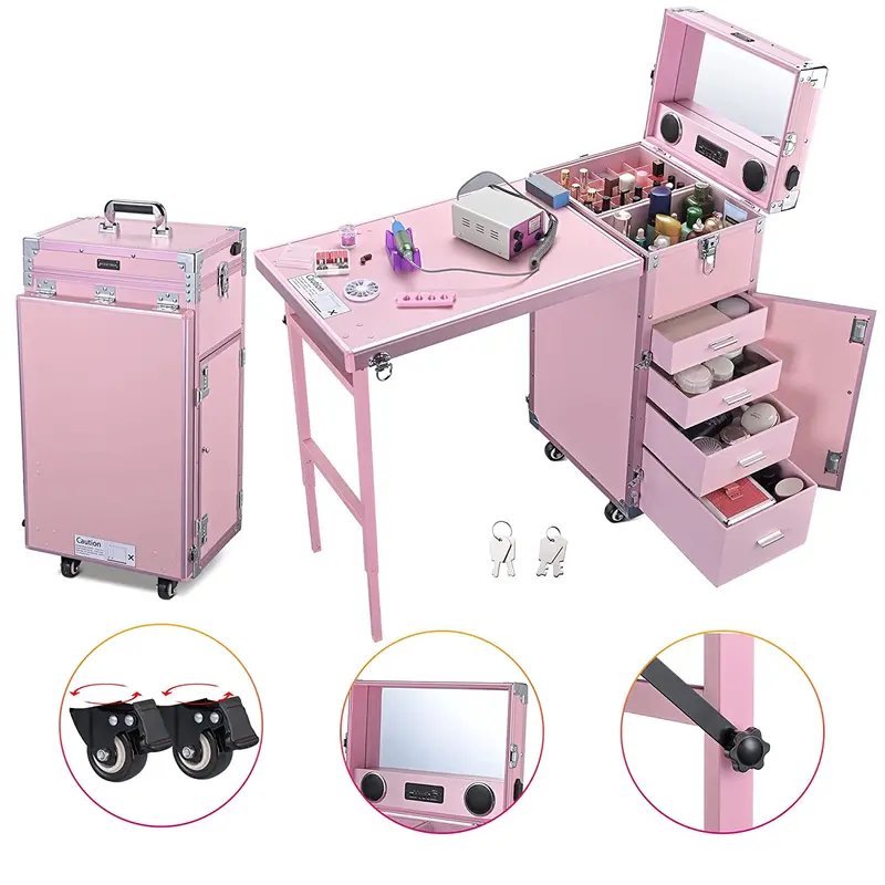 BYOOTIQUE Rolling Nail Art Station – Pink Mobile Makeup Trolley with Mirror and 4 Drawers 2